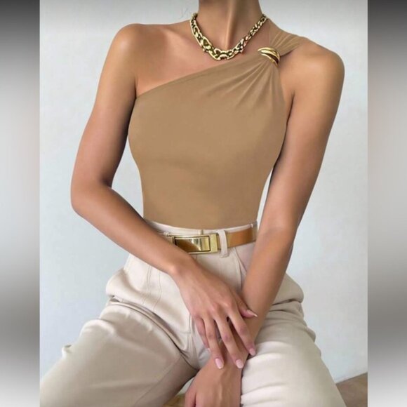 Elegant Khaki One-Shoulder Top - Picture 11 of 16